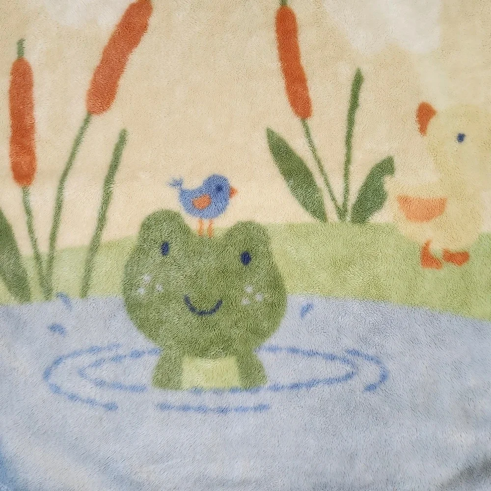 Vintage Carter's Baby Blanket Frog Pond Duck Bird Blue‎ Green Plush Blanket